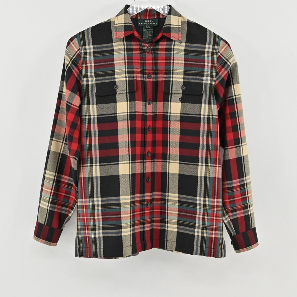 Ralph Lauren Plaid Wool Top Womens Size S Petite Red Black Tartan Button Vtg LRL